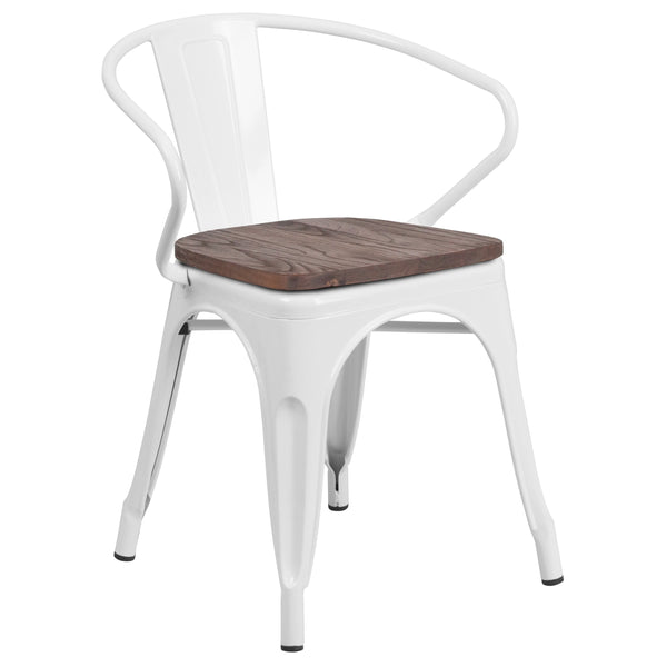 White |#| White Metal Chair with Wood Seat and Arms - Restaurant Furniture