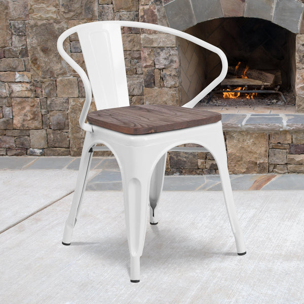 White |#| White Metal Chair with Wood Seat and Arms - Restaurant Furniture