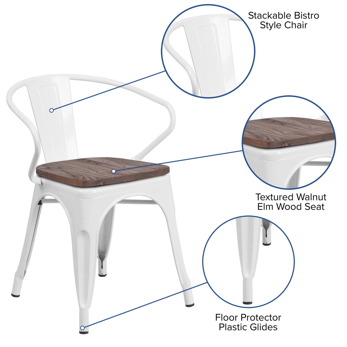 White |#| White Metal Chair with Wood Seat and Arms - Restaurant Furniture