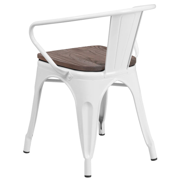 White |#| White Metal Chair with Wood Seat and Arms - Restaurant Furniture