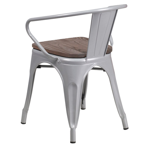 Silver |#| Silver Metal Chair with Wood Seat and Arms - Restaurant Furniture