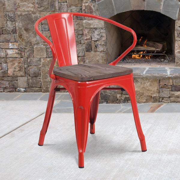 Red |#| Red Metal Chair with Wood Seat and Arms - Restaurant Furniture