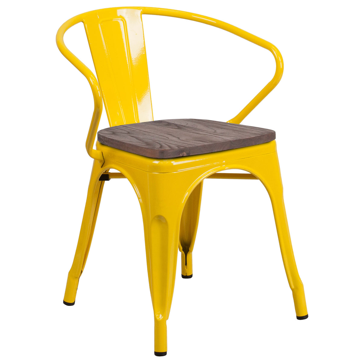 Yellow |#| Yellow Metal Chair with Wood Seat and Arms - Restaurant Furniture