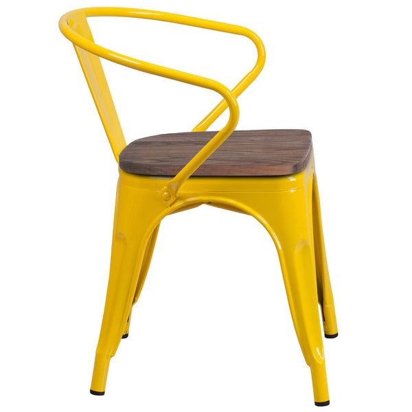 Yellow |#| Yellow Metal Chair with Wood Seat and Arms - Restaurant Furniture