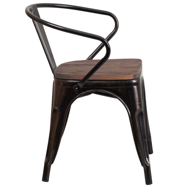 Black-Antique Gold |#| Black-Antique Gold Stackable Metal Chair with Wood Seat and Arms - Bistro Chair