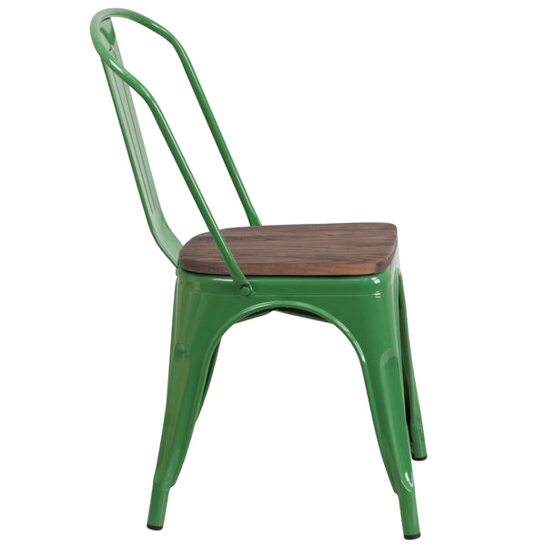 Green |#| Green Metal Stackable Chair with Wood Seat - Restaurant Chair - Bistro Chair