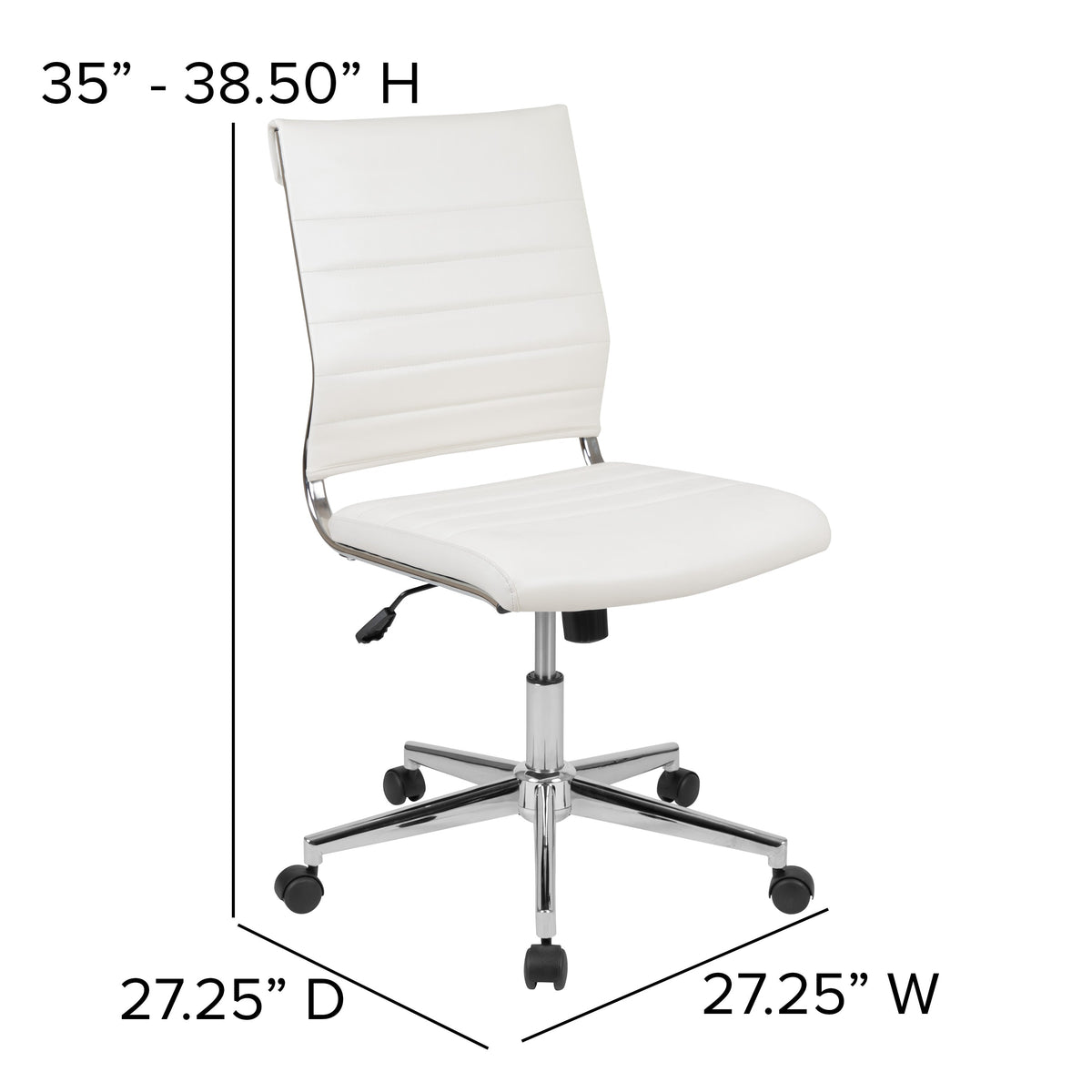 White |#| Mid-Back Armless White LeatherSoft Ribbed Executive Swivel Office Chair