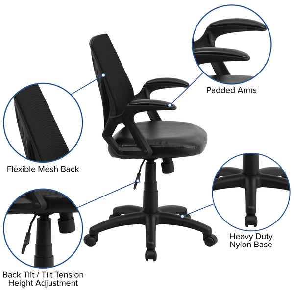 Black Mesh & LeatherSoft |#| Mid-Back Designer Black Mesh Swivel Task Office Chair with LeatherSoft Seat