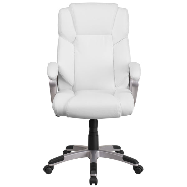 White |#| Mid-Back White LeatherSoft Executive Swivel Office Chair with Padded Arms