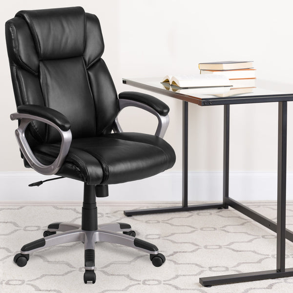 Black |#| Mid-Back Black LeatherSoft Executive Swivel Office Chair with Padded Arms