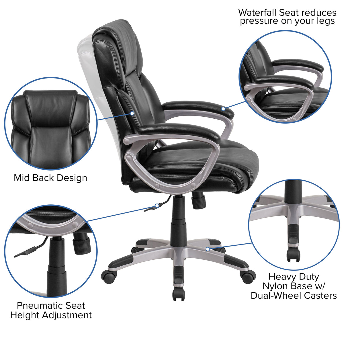 Black |#| Mid-Back Black LeatherSoft Executive Swivel Office Chair with Padded Arms