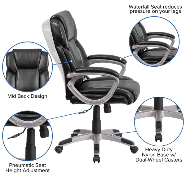 Black |#| Mid-Back Black LeatherSoft Executive Swivel Office Chair with Padded Arms