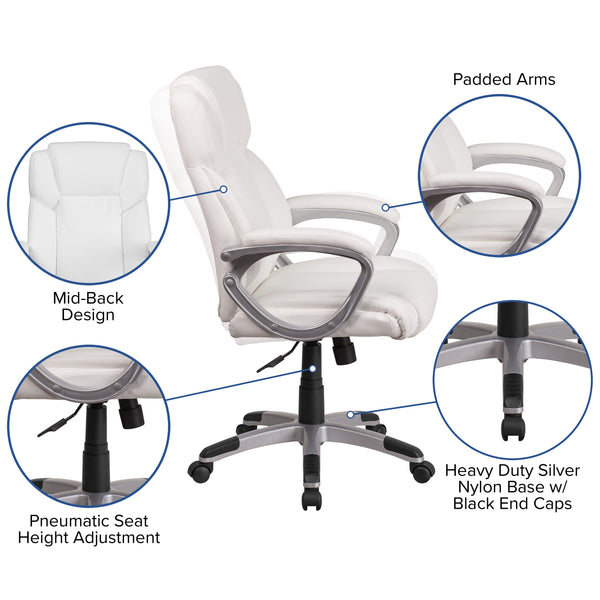 White |#| Mid-Back White LeatherSoft Executive Swivel Office Chair with Padded Arms