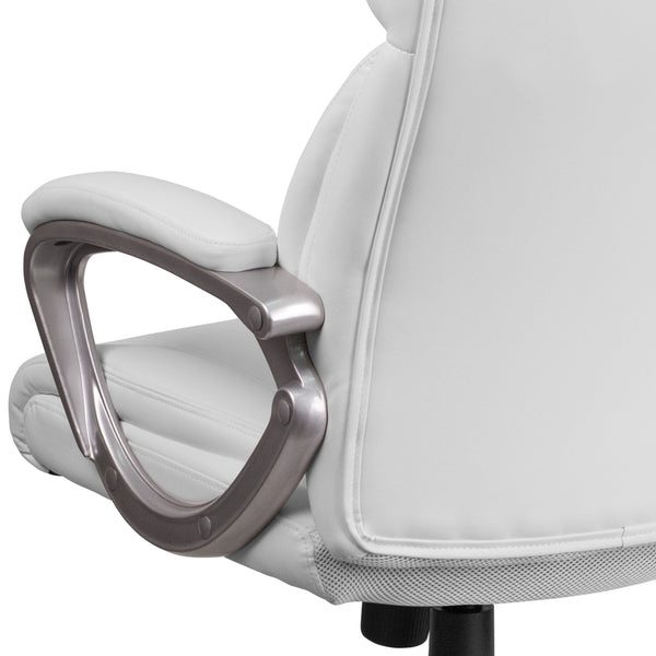 White |#| Mid-Back White LeatherSoft Executive Swivel Office Chair with Padded Arms