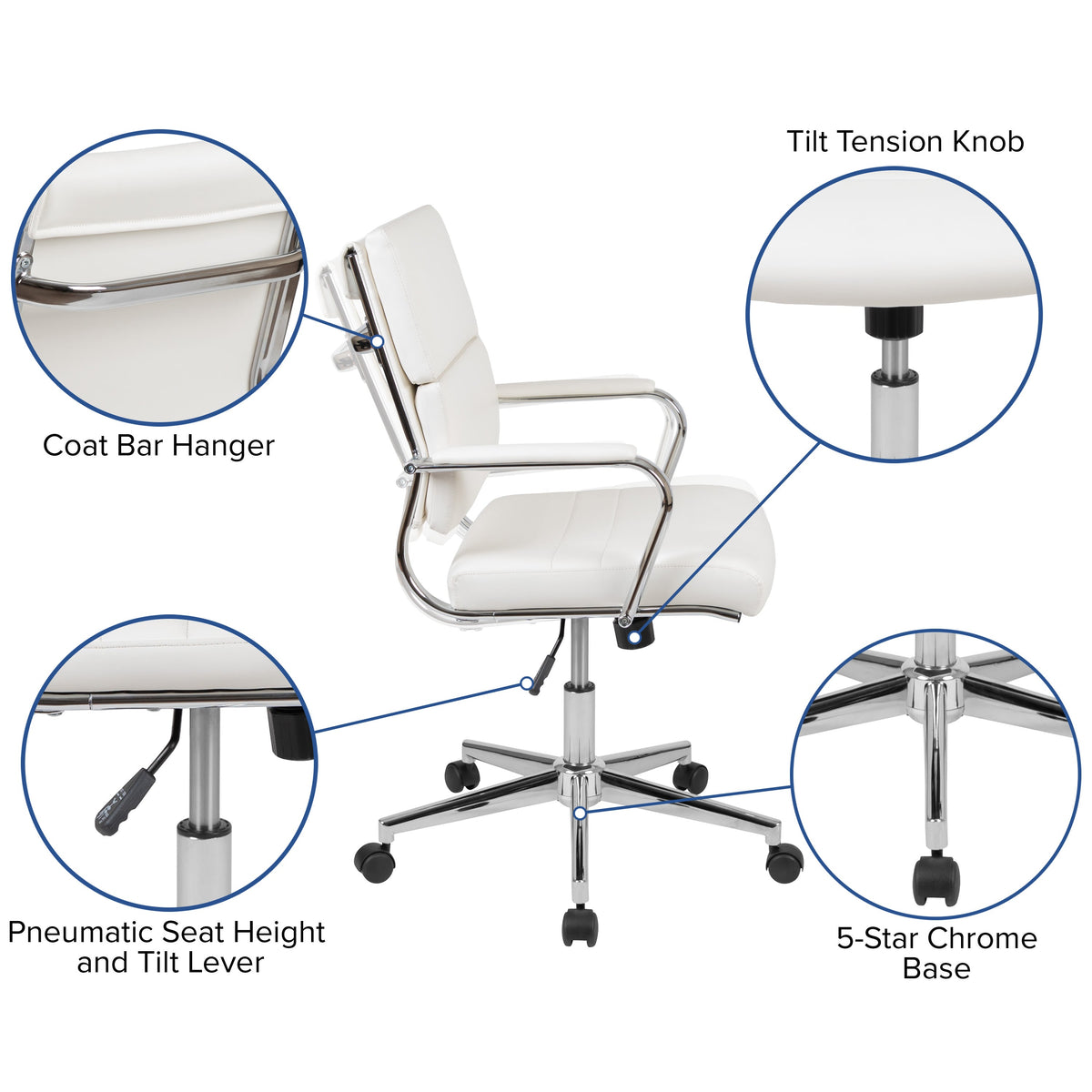 White |#| Mid-Back White LeatherSoft Contemporary Panel Executive Swivel Office Chair