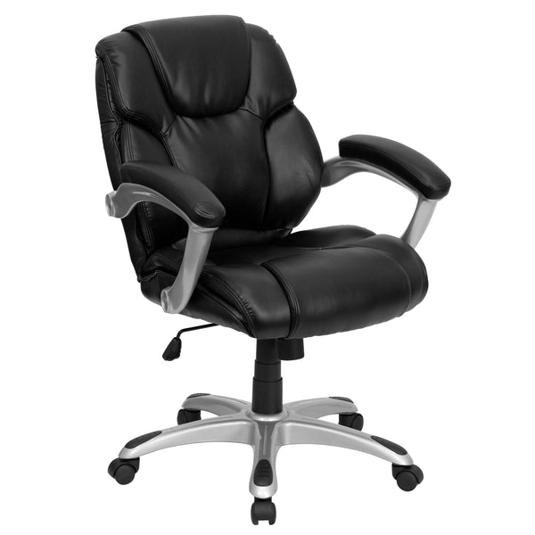 Mid-Back Black LeatherSoft Layered Upholstered Office Chair w/Silver Nylon Base