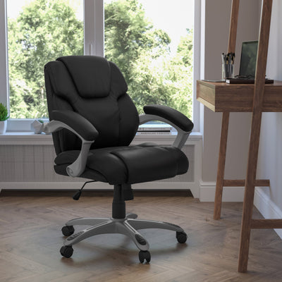Mid-Back LeatherSoft Layered Upholstered Executive Swivel Ergonomic Office Chair with Silver Nylon Base and Arms