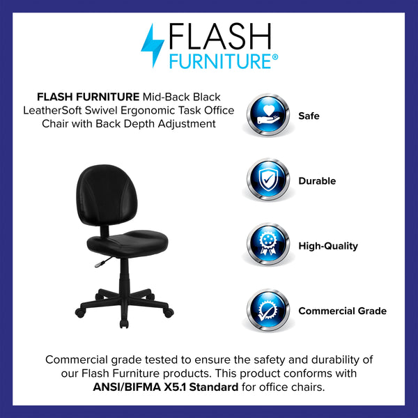 Mid-Back Black LeatherSoft Ergonomic Office Chair w/Adjustable Back Depth