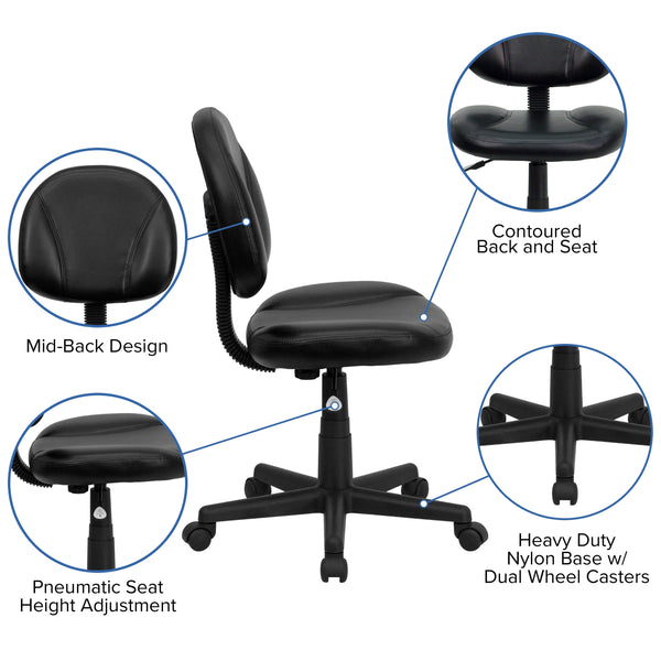 Mid-Back Black LeatherSoft Ergonomic Office Chair w/Adjustable Back Depth