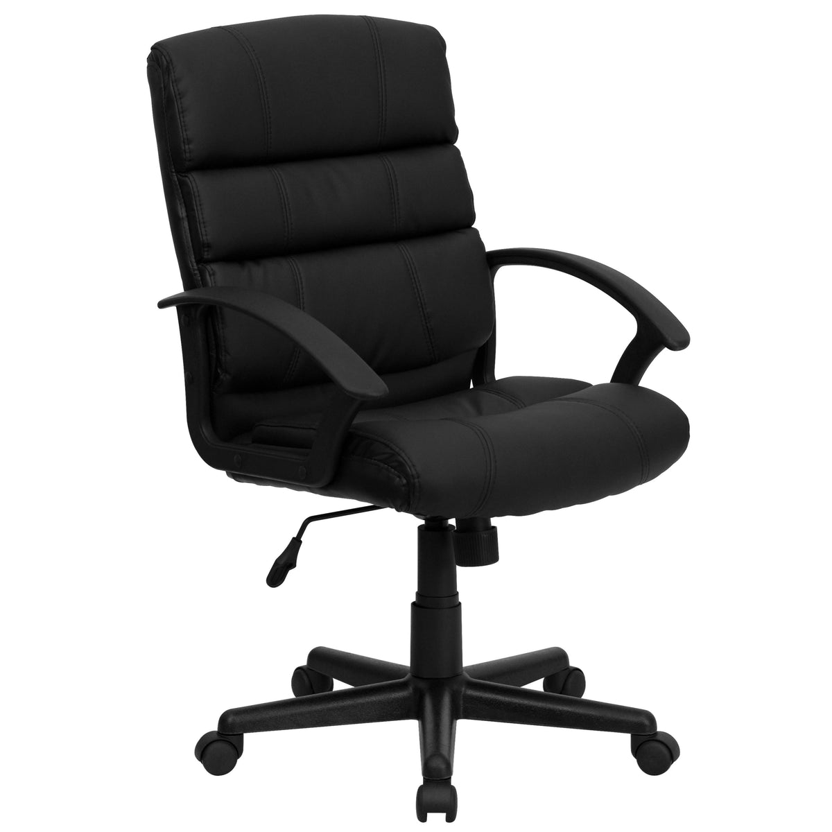 Mid-Back Black LeatherSoft Swivel Office Chair with Accent Divided Back and Arms