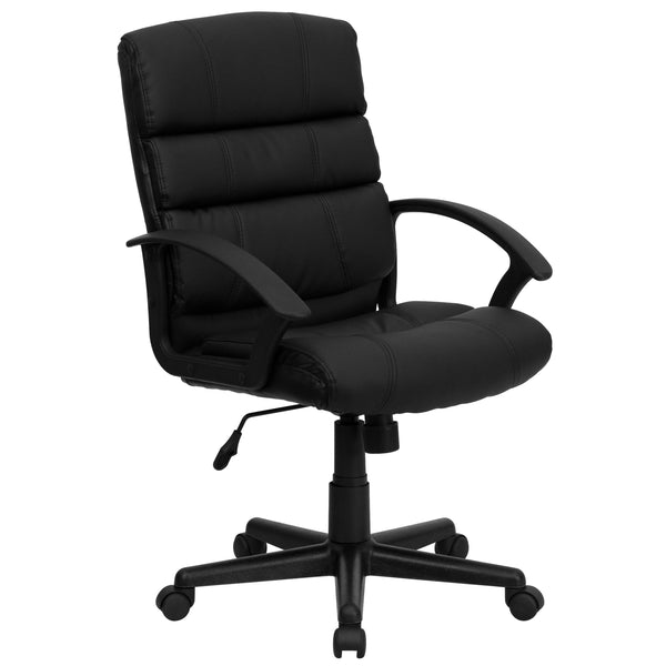 Mid-Back Black LeatherSoft Swivel Office Chair with Accent Divided Back and Arms