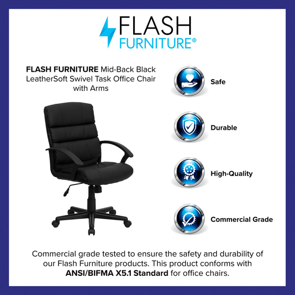 Mid-Back Black LeatherSoft Swivel Office Chair with Accent Divided Back and Arms