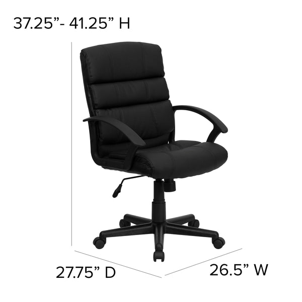 Mid-Back Black LeatherSoft Swivel Office Chair with Accent Divided Back and Arms