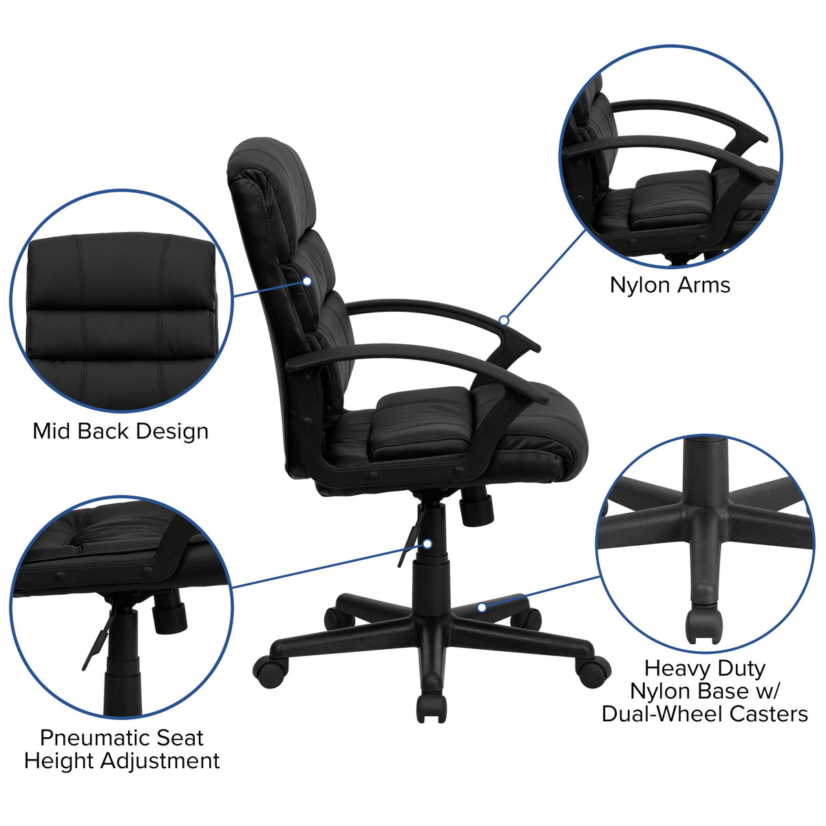 Mid-Back Black LeatherSoft Swivel Office Chair with Accent Divided Back and Arms