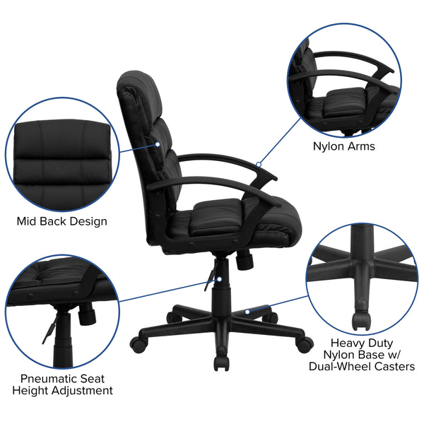 Mid-Back Black LeatherSoft Swivel Office Chair with Accent Divided Back and Arms