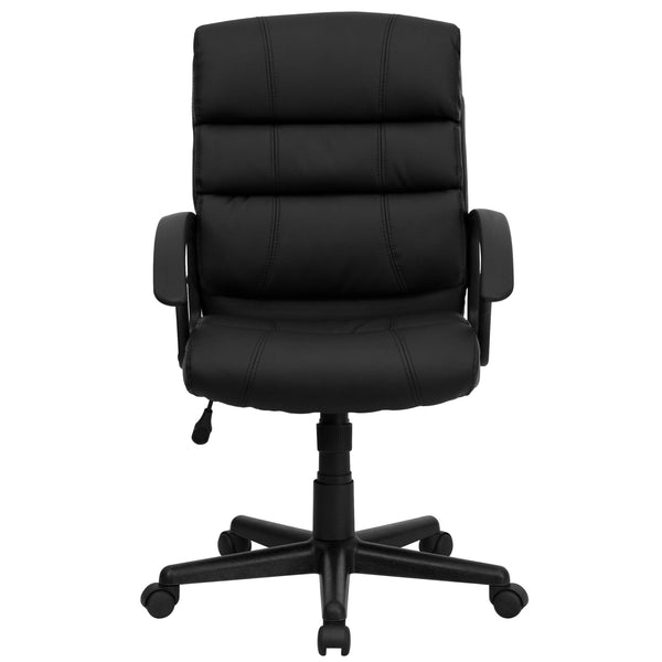 Mid-Back Black LeatherSoft Swivel Office Chair with Accent Divided Back and Arms