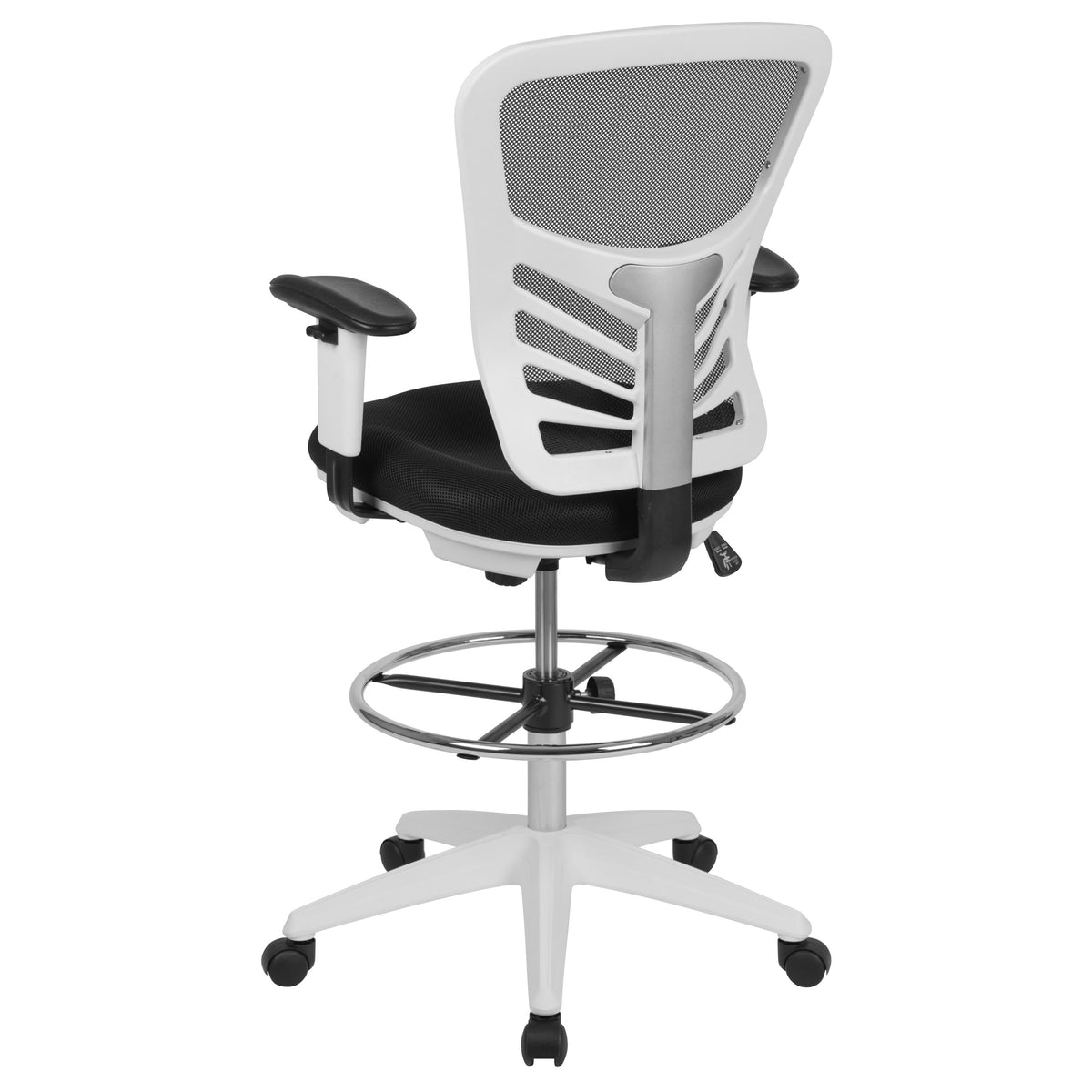 Black Mesh/White Frame |#| Mid-Back Black Mesh Ergonomic Drafting Chair/White Frame - Adjustable Foot Ring