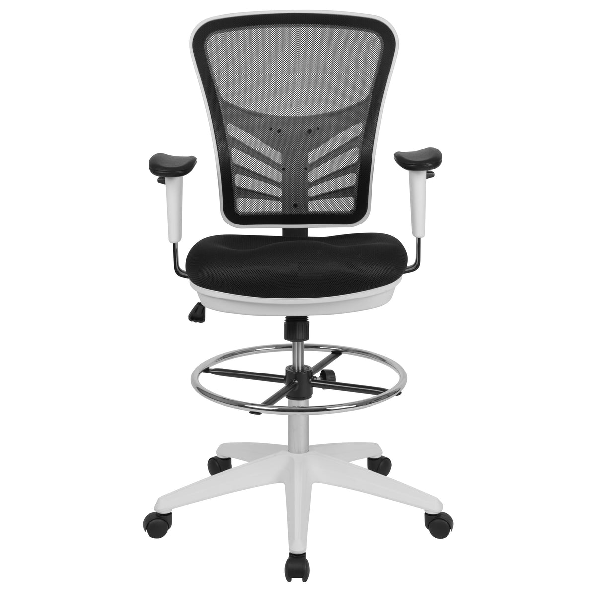 Black Mesh/White Frame |#| Mid-Back Black Mesh Ergonomic Drafting Chair/White Frame - Adjustable Foot Ring