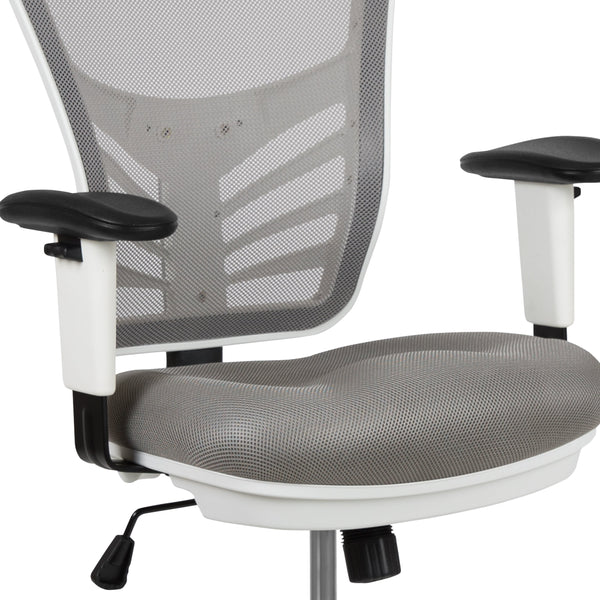 Light Gray Mesh/White Frame |#| Mid-Back Gray Mesh Ergonomic Drafting Chair/White Frame - Adjustable Foot Ring