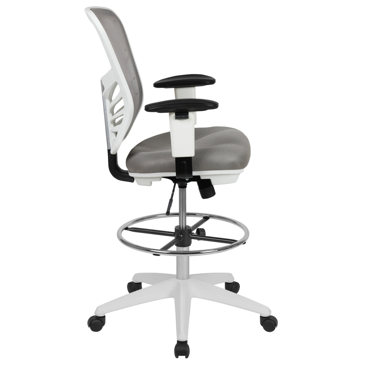 Light Gray Mesh/White Frame |#| Mid-Back Gray Mesh Ergonomic Drafting Chair/White Frame - Adjustable Foot Ring