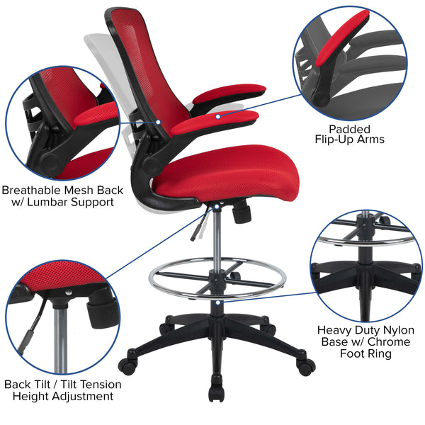 Red Mesh/Black Frame |#| Mid-Back Red Mesh Ergonomic Drafting Chair with Foot Ring and Flip-Up Arms