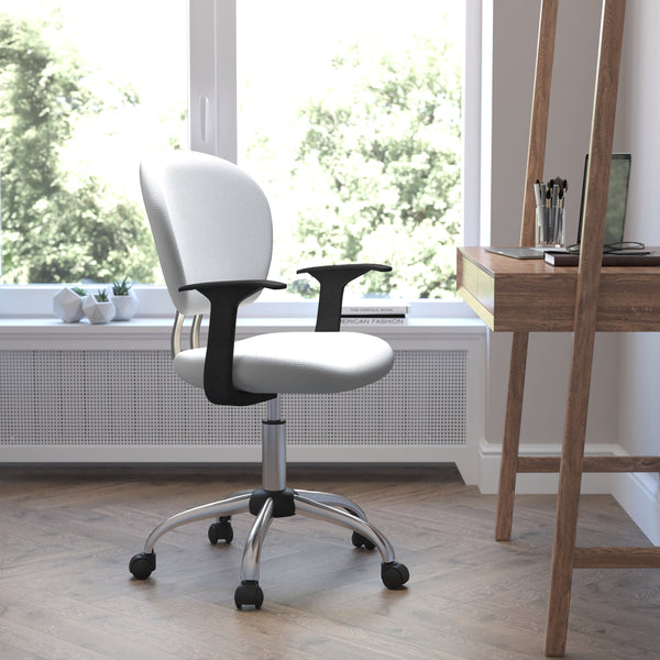 White |#| Mid-Back White Mesh Padded Swivel Task Office Chair with Chrome Base and Arms