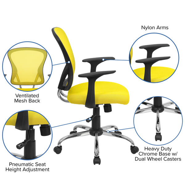 Yellow |#| Mid-Back Yellow Mesh Swivel Task Office Chair with Chrome Base and Arms