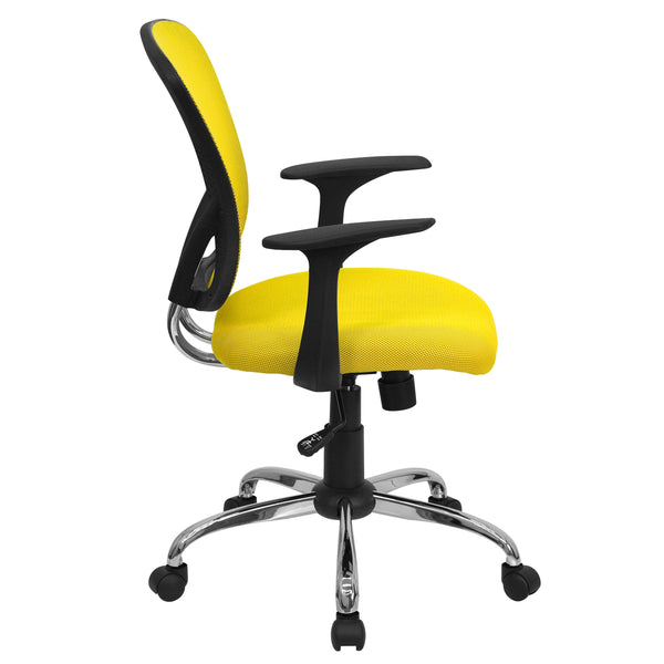 Yellow |#| Mid-Back Yellow Mesh Swivel Task Office Chair with Chrome Base and Arms