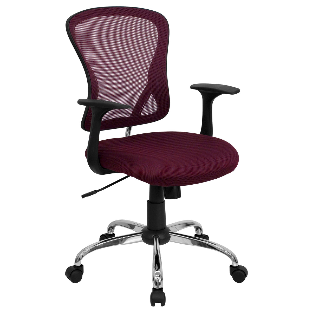 Burgundy |#| Mid-Back Burgundy Mesh Swivel Task Office Chair with Chrome Base and Arms