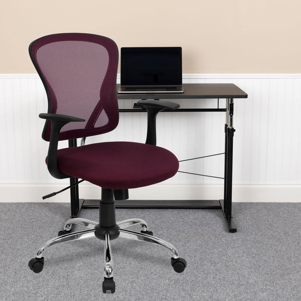 Burgundy |#| Mid-Back Burgundy Mesh Swivel Task Office Chair with Chrome Base and Arms