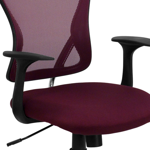 Burgundy |#| Mid-Back Burgundy Mesh Swivel Task Office Chair with Chrome Base and Arms