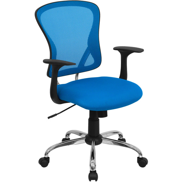 Blue |#| Mid-Back Blue Mesh Swivel Task Office Chair with Chrome Base and Arms