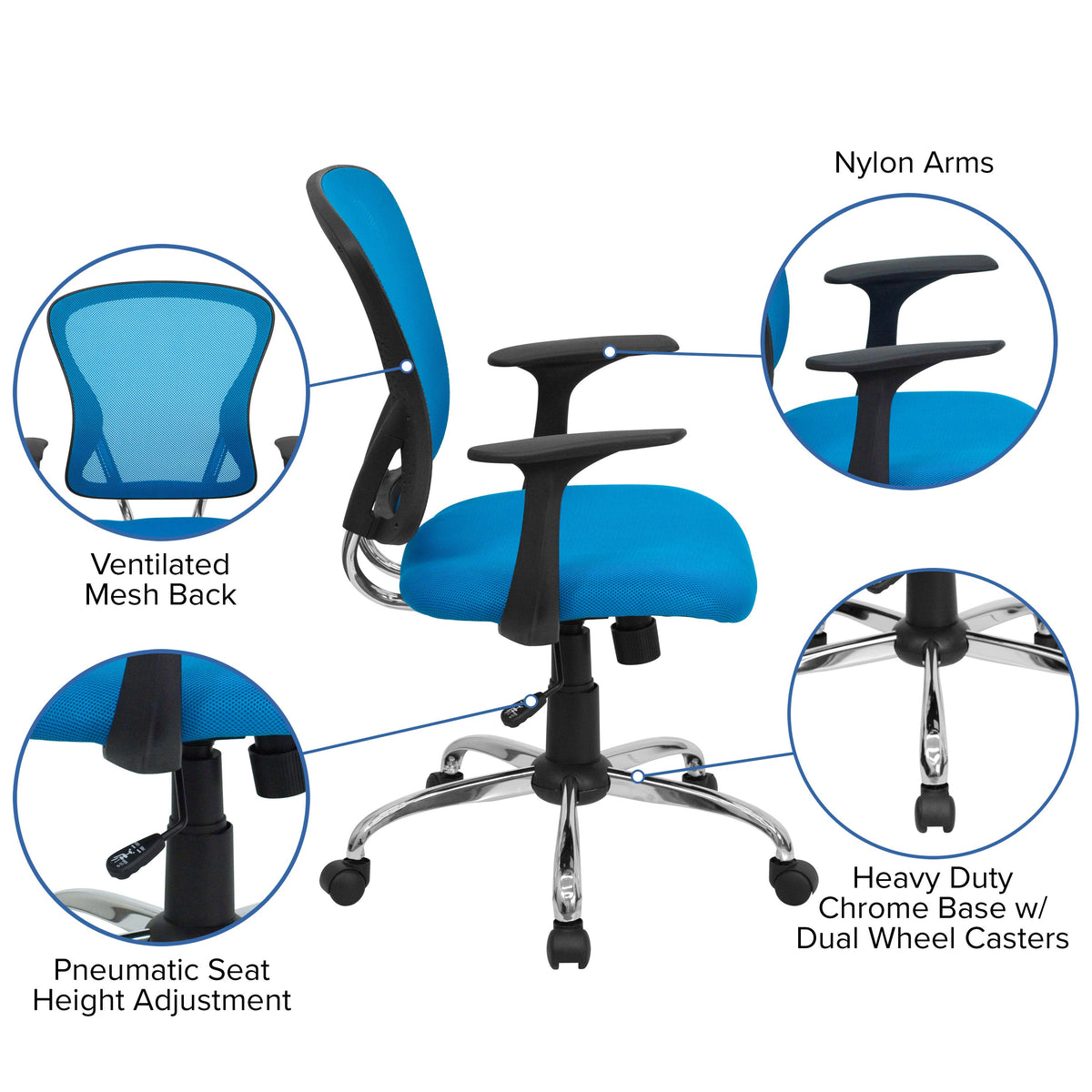 Blue |#| Mid-Back Blue Mesh Swivel Task Office Chair with Chrome Base and Arms