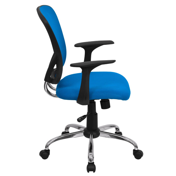 Blue |#| Mid-Back Blue Mesh Swivel Task Office Chair with Chrome Base and Arms