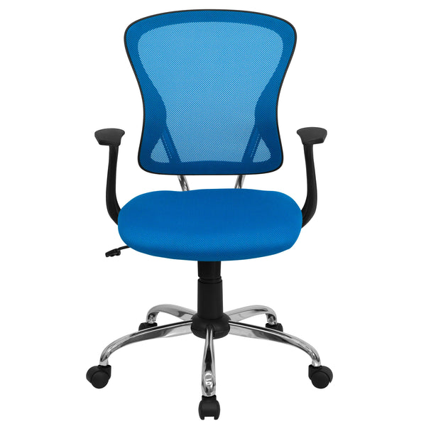 Blue |#| Mid-Back Blue Mesh Swivel Task Office Chair with Chrome Base and Arms