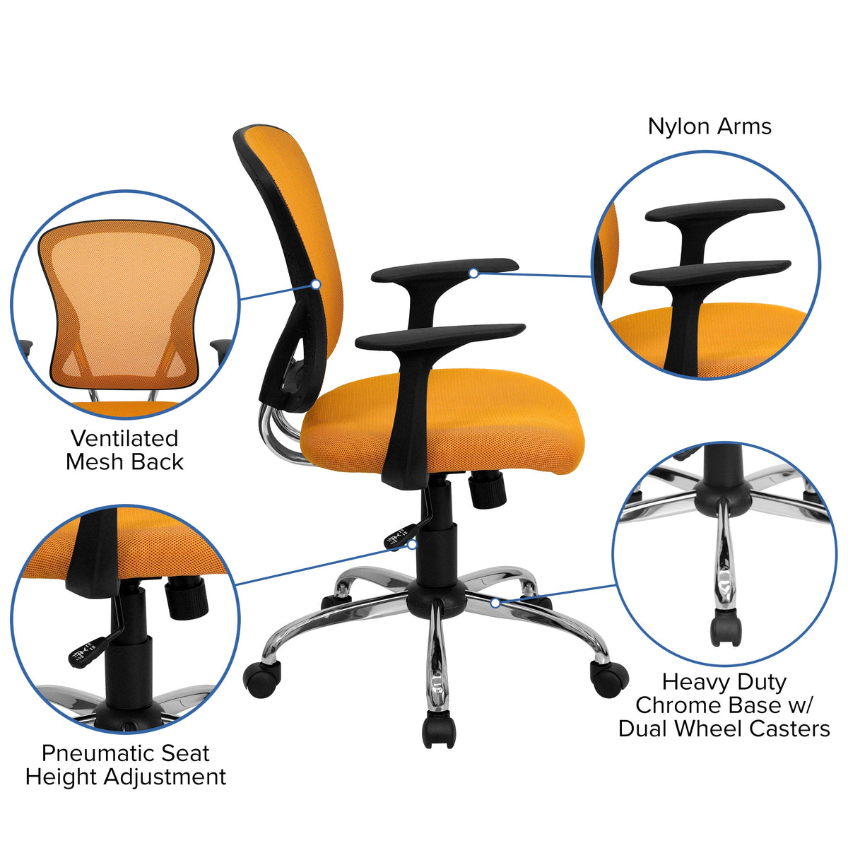 Orange |#| Mid-Back Orange Mesh Swivel Task Office Chair with Chrome Base and Arms