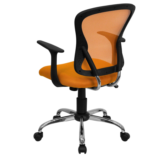 Orange |#| Mid-Back Orange Mesh Swivel Task Office Chair with Chrome Base and Arms