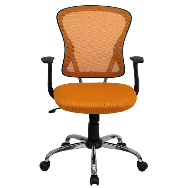 Orange |#| Mid-Back Orange Mesh Swivel Task Office Chair with Chrome Base and Arms