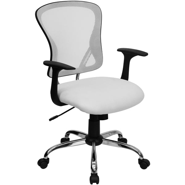 White |#| Mid-Back White Mesh Swivel Task Office Chair with Chrome Base and Arms