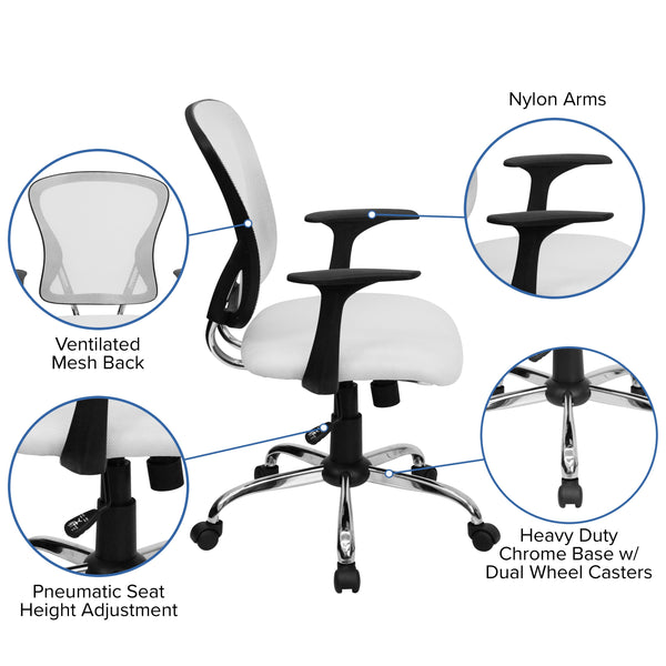 White |#| Mid-Back White Mesh Swivel Task Office Chair with Chrome Base and Arms